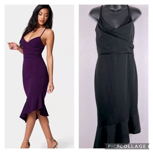 Bebe Asymmetric Flounced Knee Ruffle Midi Dress Black L - Picture 1 of 5